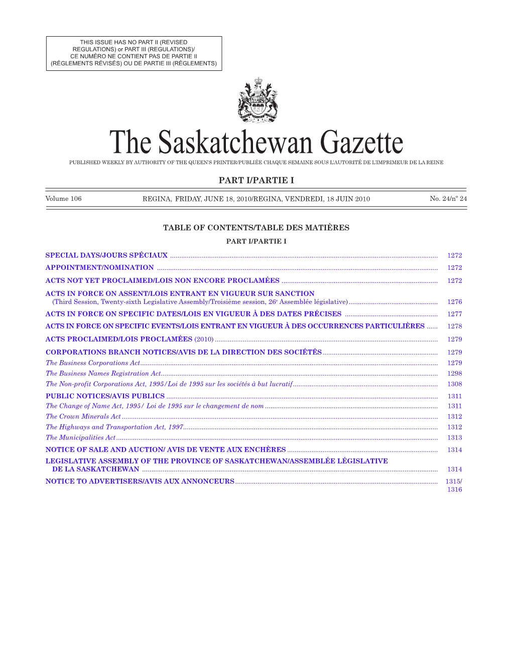 Sask Gazette, Part I, June 18, 2010