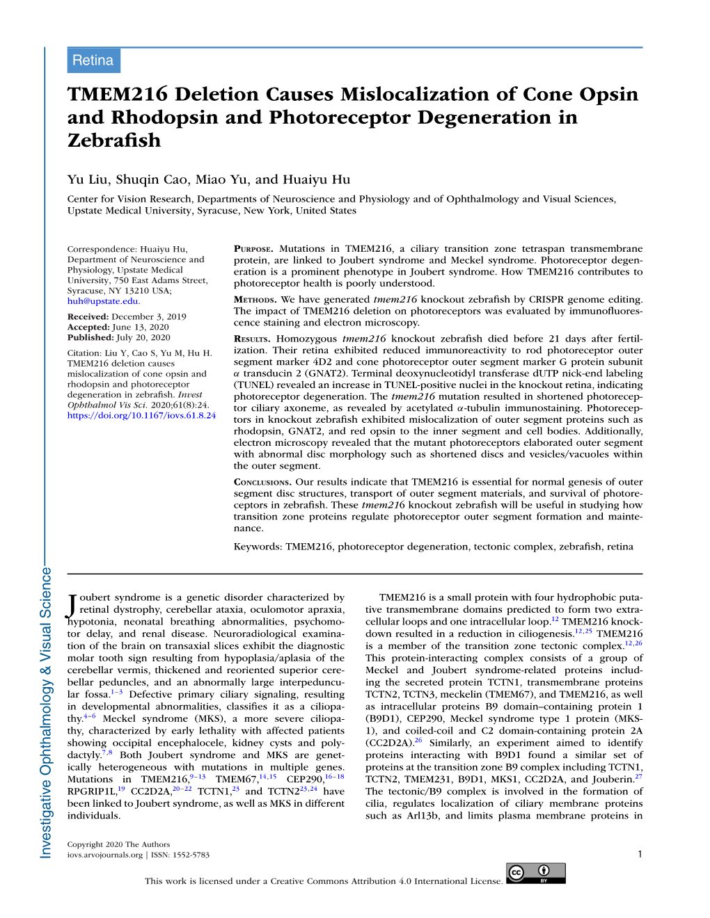 TMEM216 Deletion Causes Mislocalization of Cone Opsin and Rhodopsin and Photoreceptor Degeneration in Zebrafish