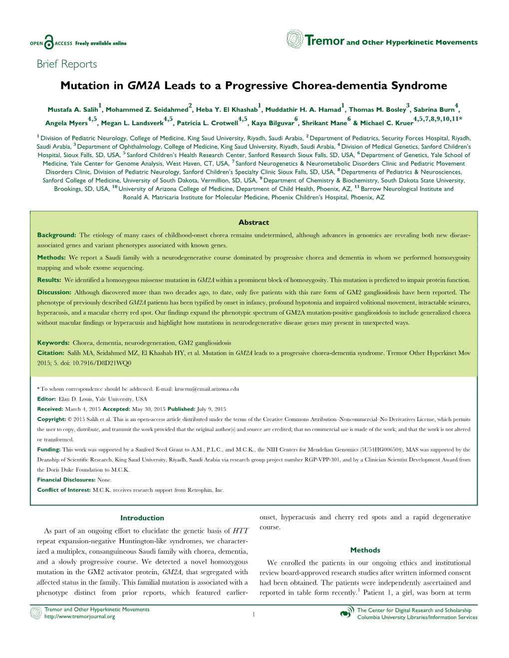 Brief Reports Mutation in GM2A Leads to a Progressive Chorea-Dementia Syndrome