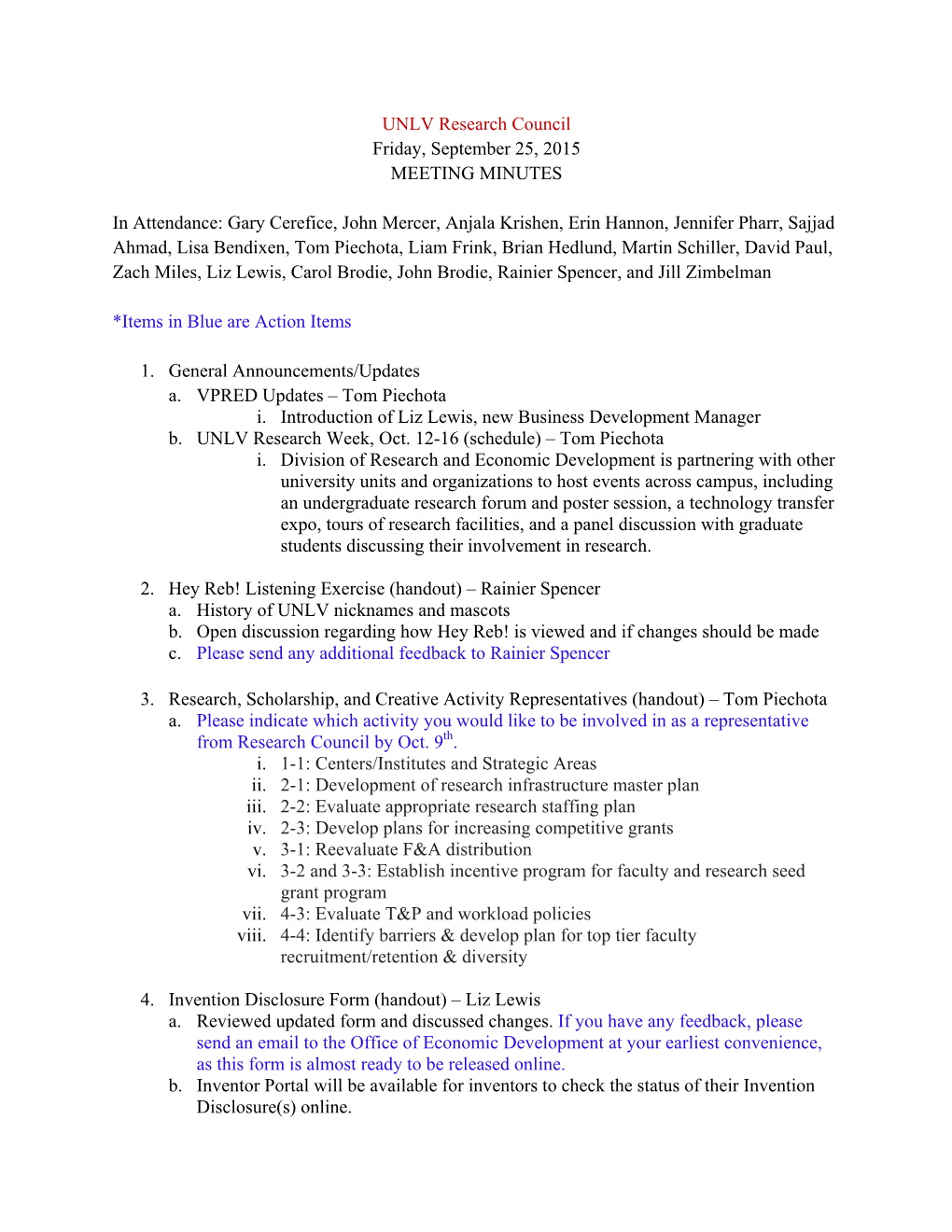 UNLV Research Council Friday, September 25, 2015 MEETING MINUTES