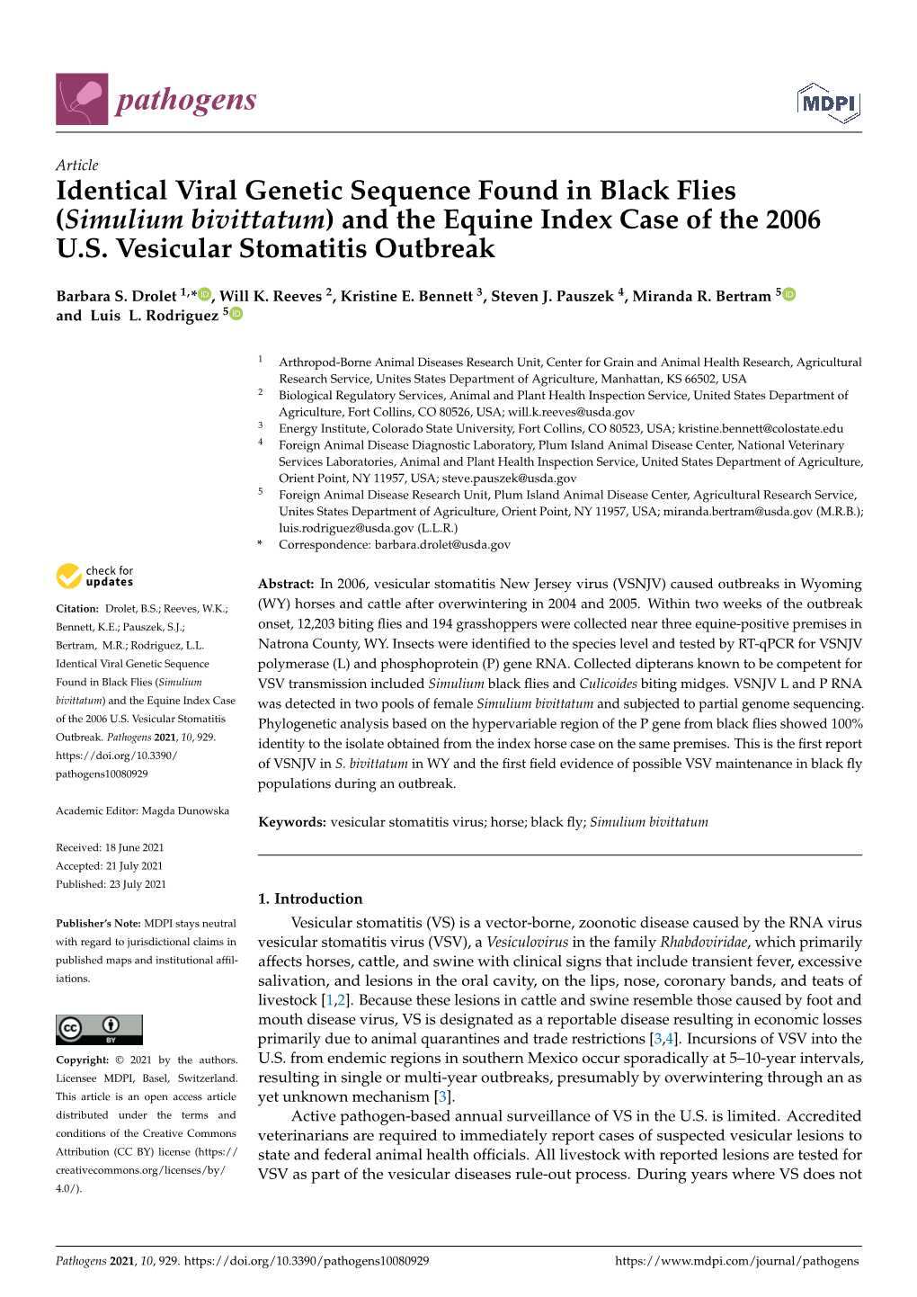 (Simulium Bivittatum) and the Equine Index Case of the 2006 US Vesicular