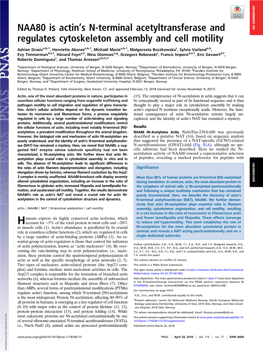 NAA80 Is Actin's N-Terminal Acetyltransferase and Regulates