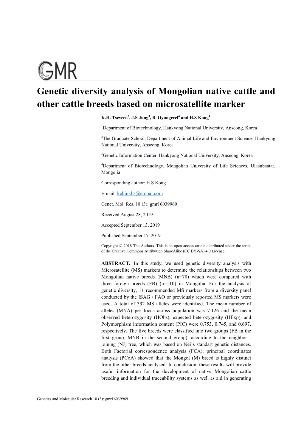Genetic Diversity Analysis of Mongolian Native Cattle and Other Cattle Breeds Based on Microsatellite Marker