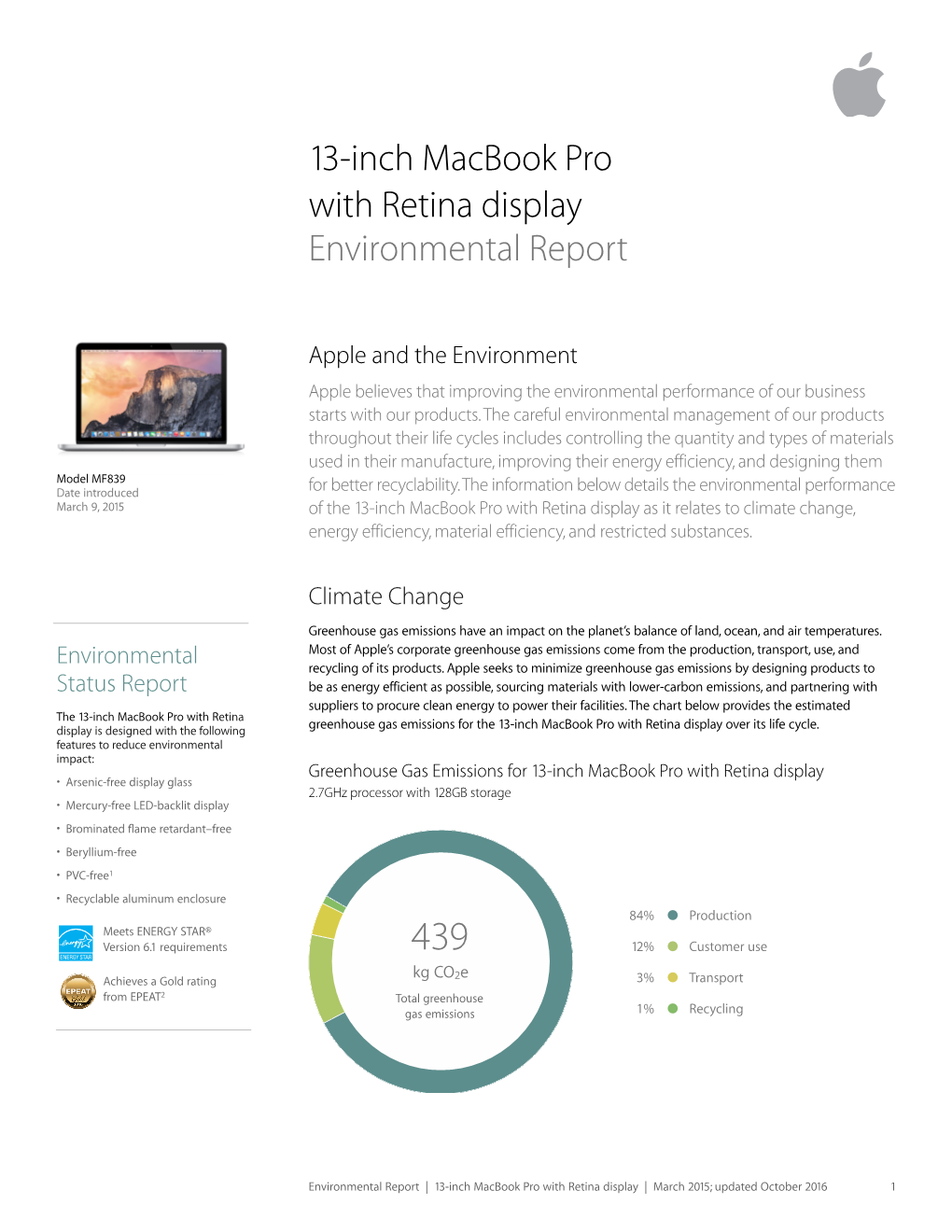 13-Inch Macbook Pro with Retina Display Environmental Report