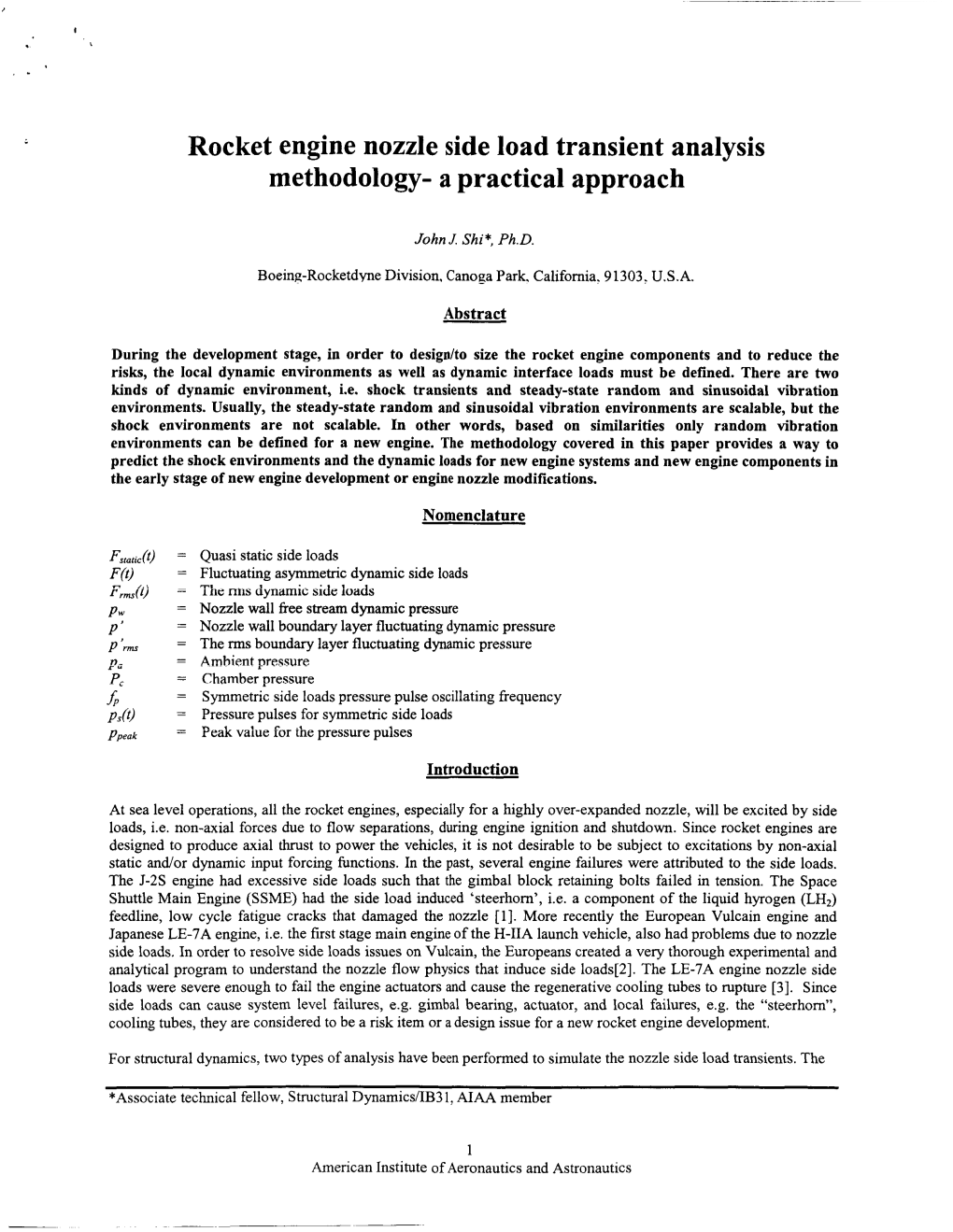 Rocket Engine Nozzle Side Load Transient Analysis Methodology- a Practical Approach