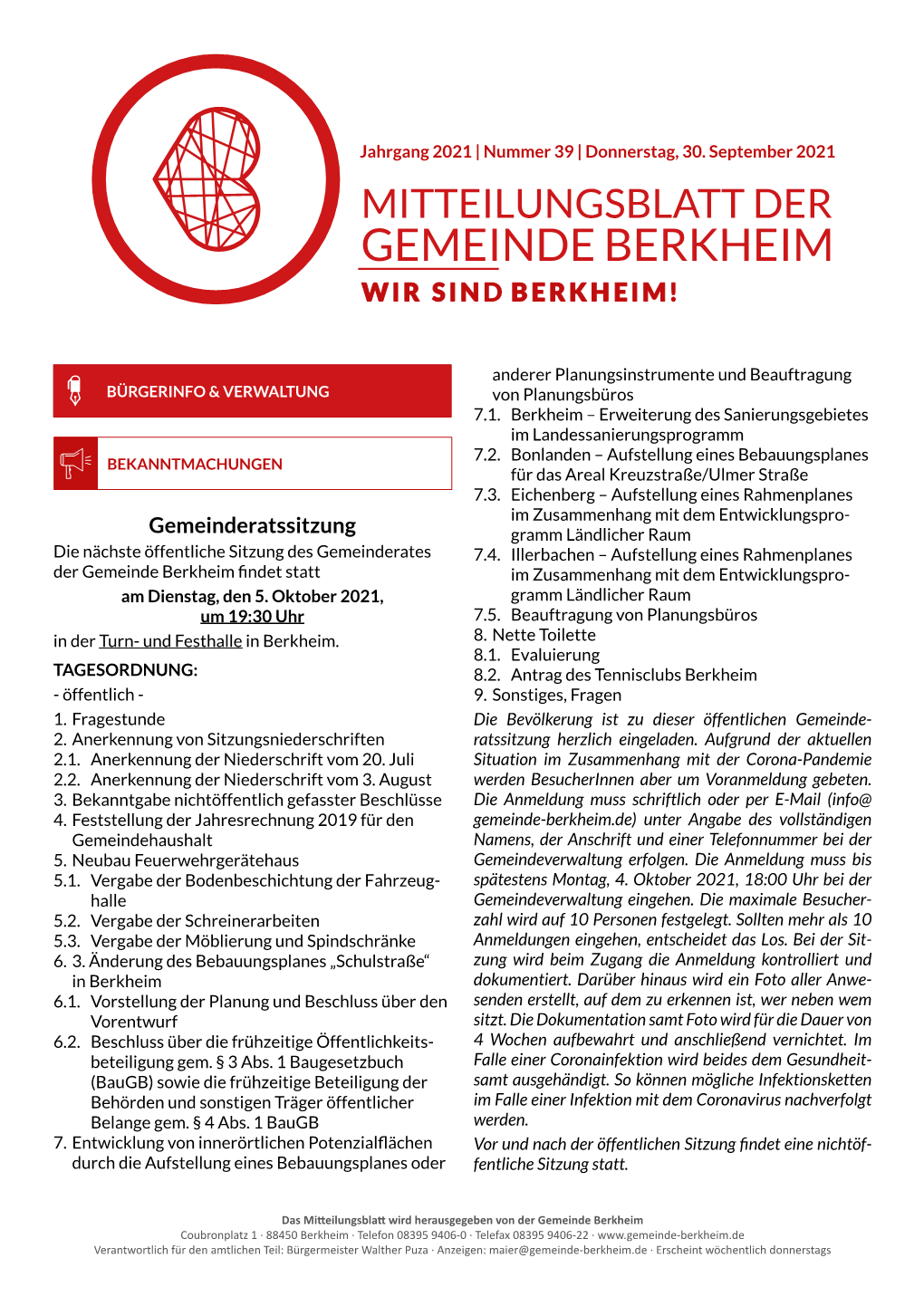 Mitteilungsblatt Der Gemeinde Berkheim