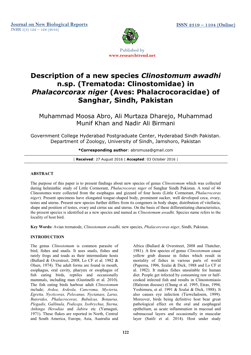 Description of a New Species Clinostomum Awadhi N.Sp. (Trematoda: Clinostomidae) in Phalacorcorax Niger (Aves: Phalacrocoracidae) of Sanghar, Sindh, Pakistan