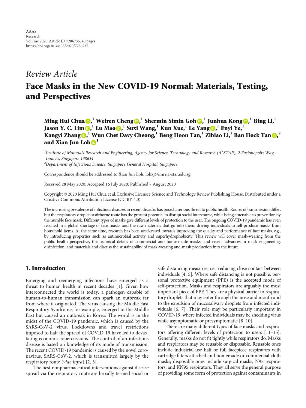 Review Article Face Masks in the New COVID-19 Normal: Materials, Testing, and Perspectives