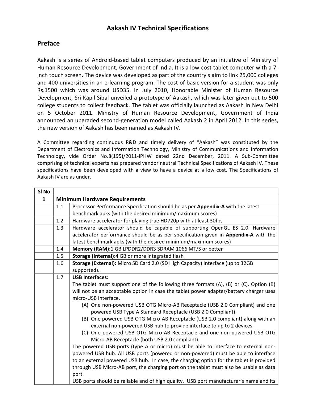 Aakash IV Technical Specifications Preface