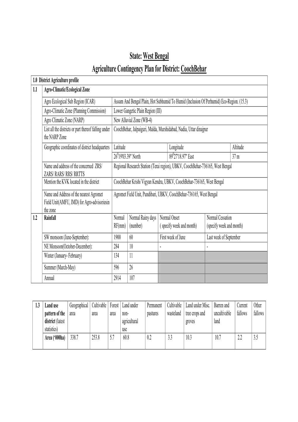 West Bengal Agriculture Contingency Plan for District: Coochbehar 1.0 District Agriculture Profile 1.1 Agro-Climatic/Ecological Zone