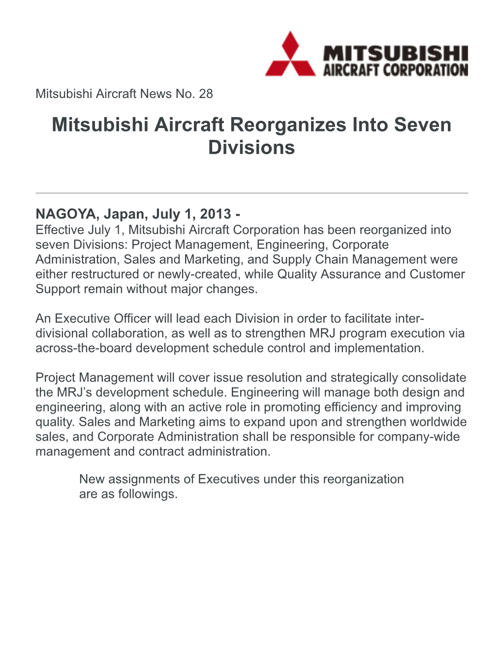 Mitsubishi Aircraft Reorganizes Into Seven Divisions