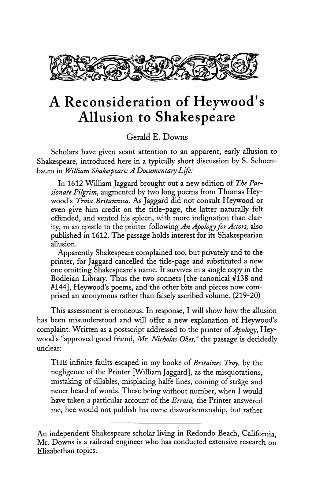 A Reconsideration of Heywood's Allusion to Shakespeare Gerald E