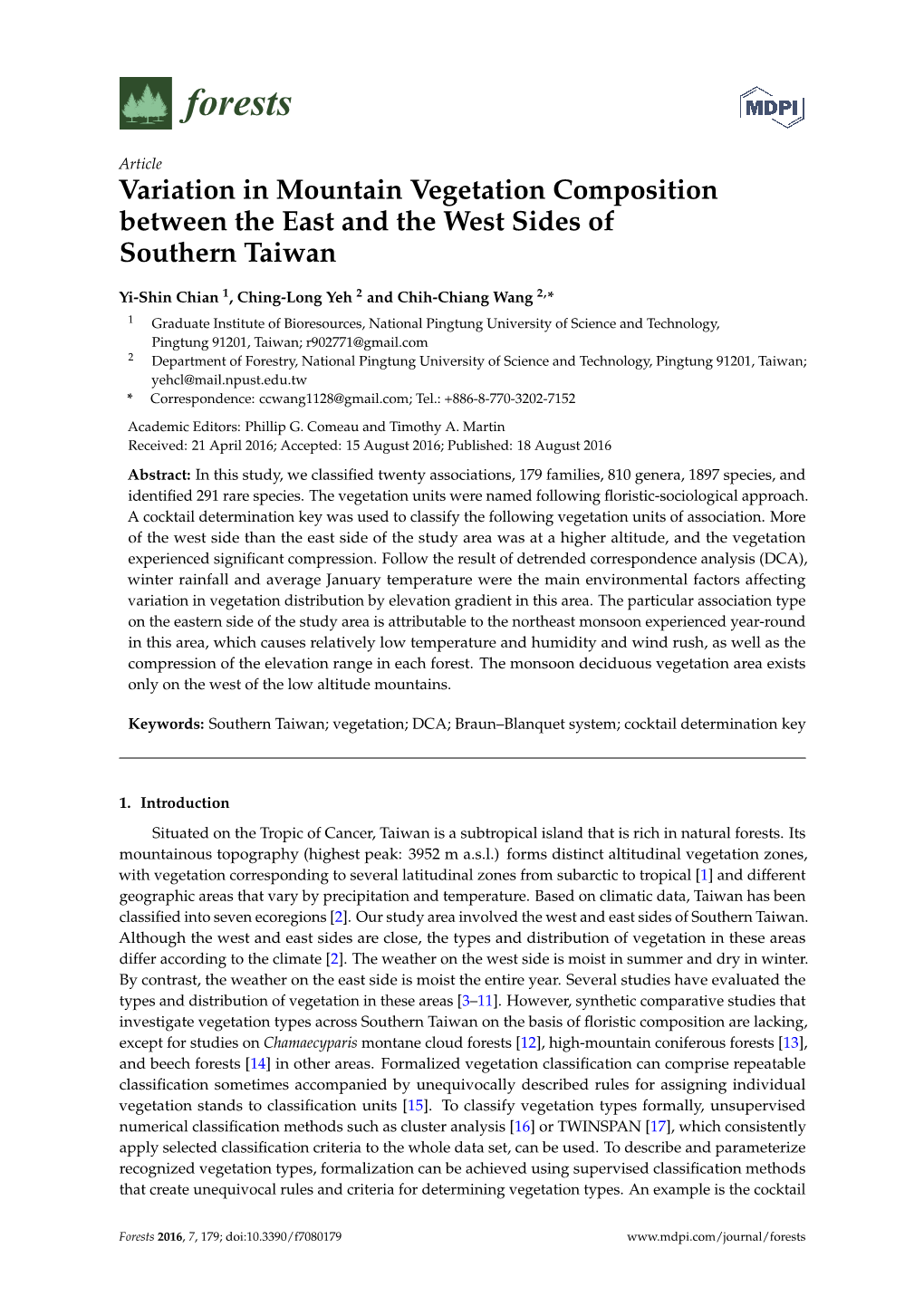 Variation in Mountain Vegetation Composition Between the East and the West Sides of Southern Taiwan