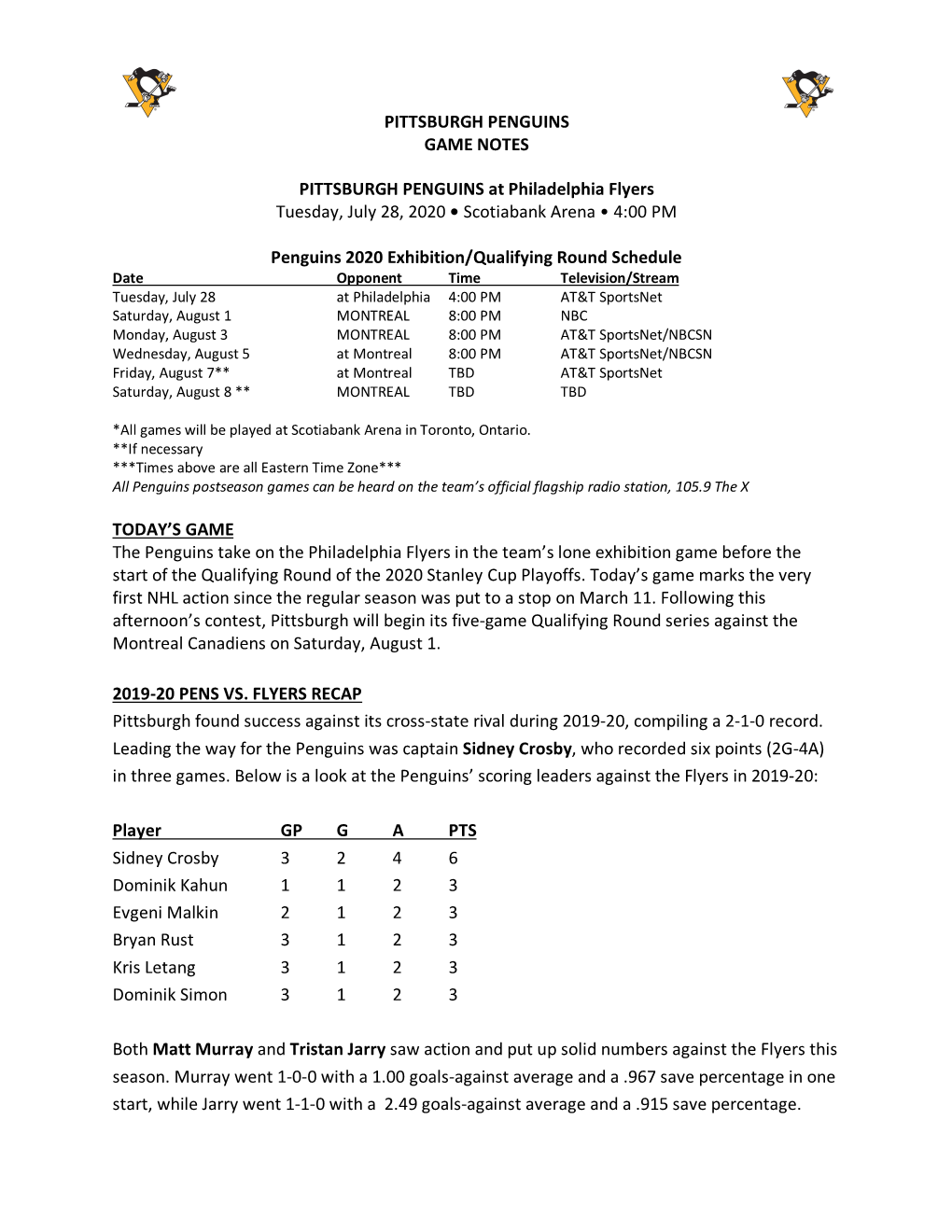 Pittsburgh Penguins Game Notes Pittsburgh Penguins