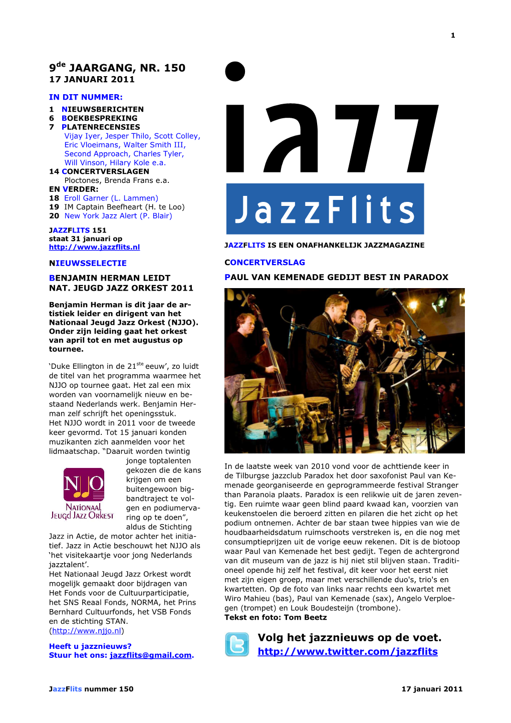9De JAARGANG, NR. 150 Volg Het Jazznieuws Op De Voet
