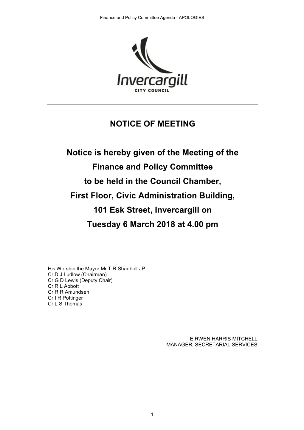 Finance and Policy Committee Agenda - APOLOGIES