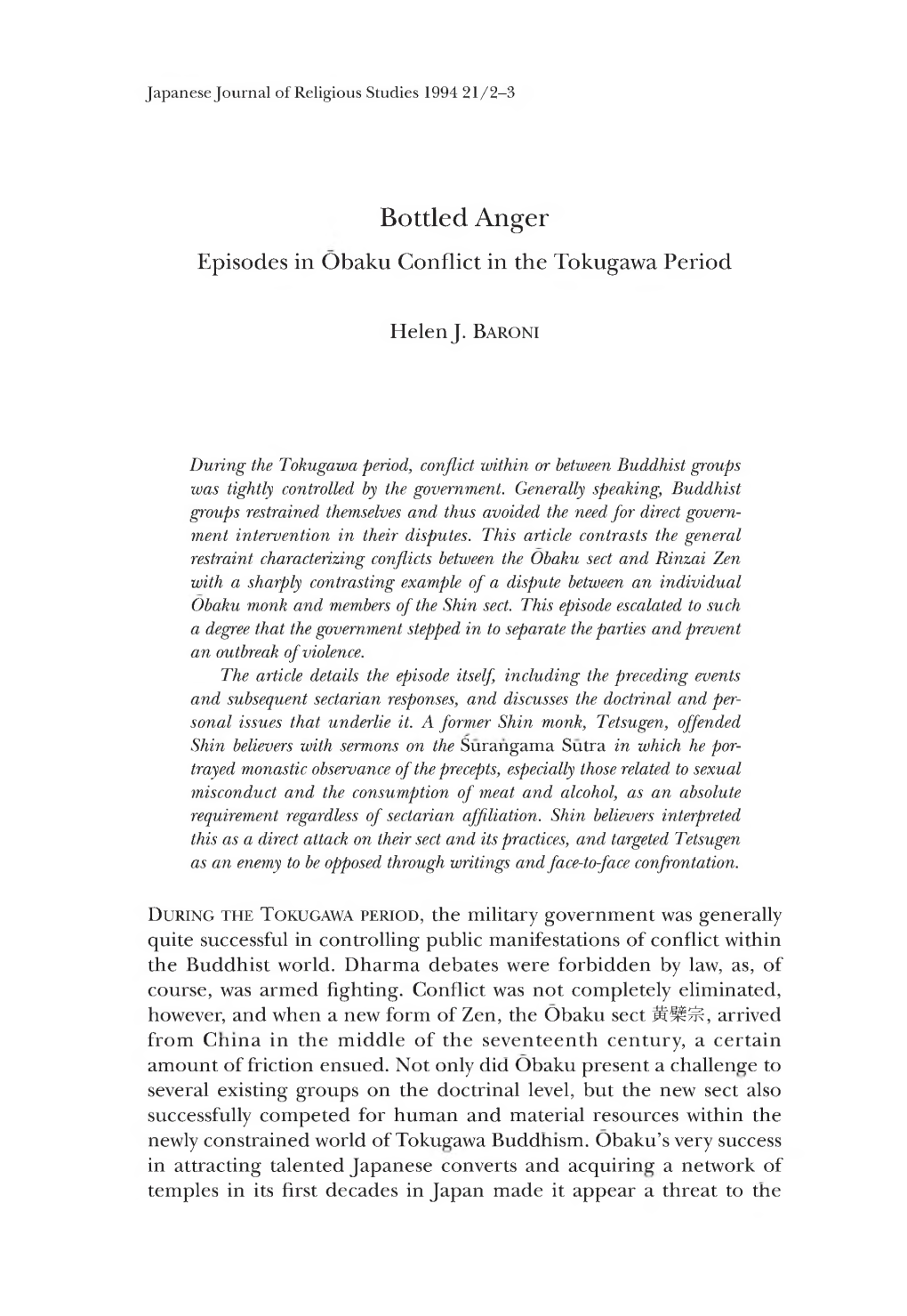 Bottled Anger Episodes in Obaku Conflict in the Tokugawa Period