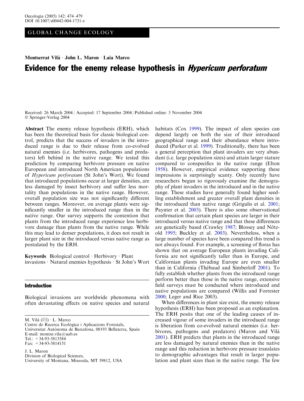 Evidence for the Enemy Release Hypothesis in Hypericum Perforatum