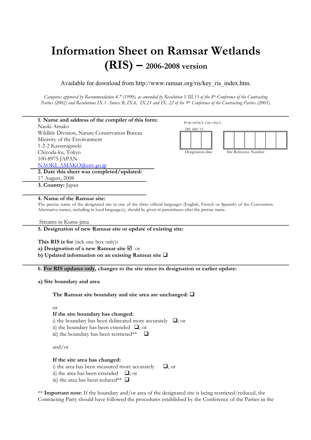 Information Sheet on Ramsar Wetlands (RIS) – 2006-2008 Version