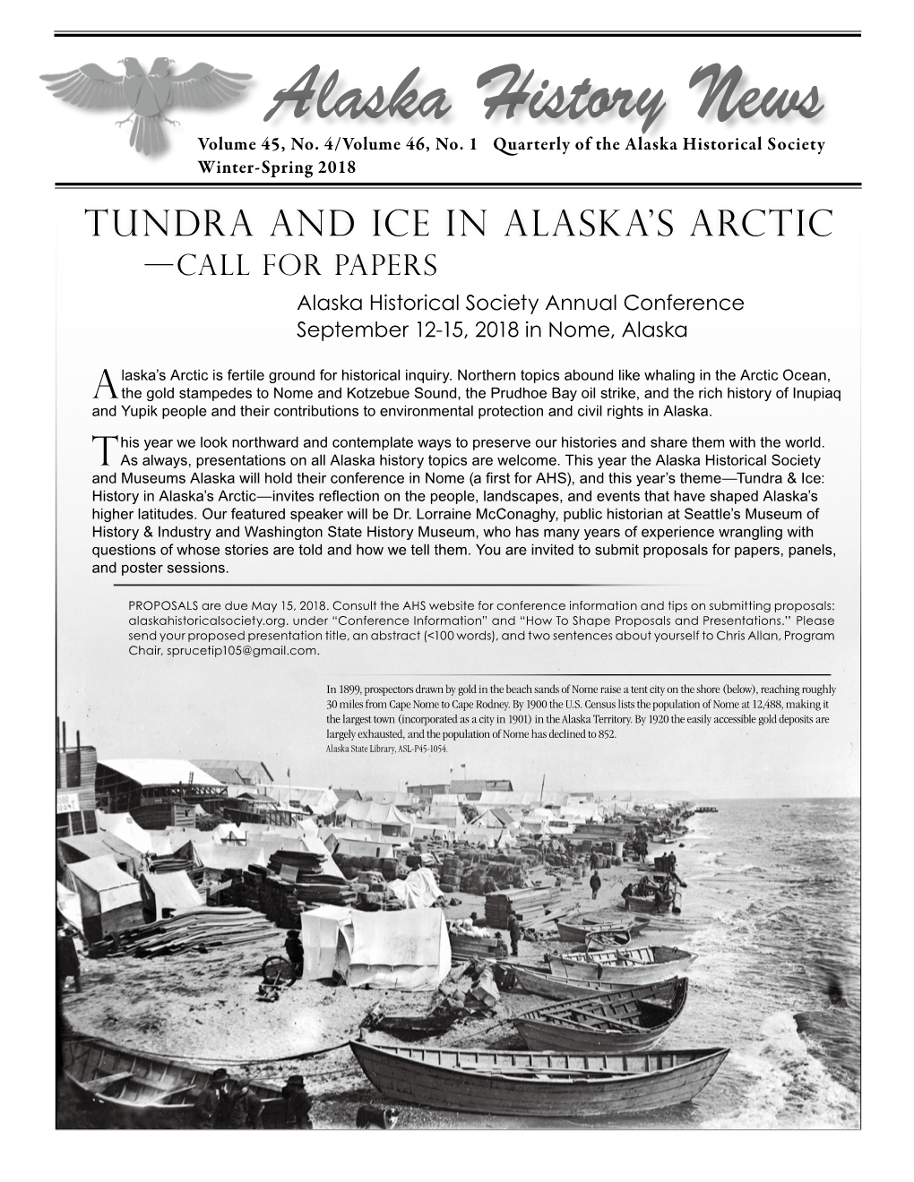 Tundra and Ice in Alaska's Arctic —Call for Papers Alaska Historical Society Annual Conference September 12-15, 2018 in Nome, Alaska