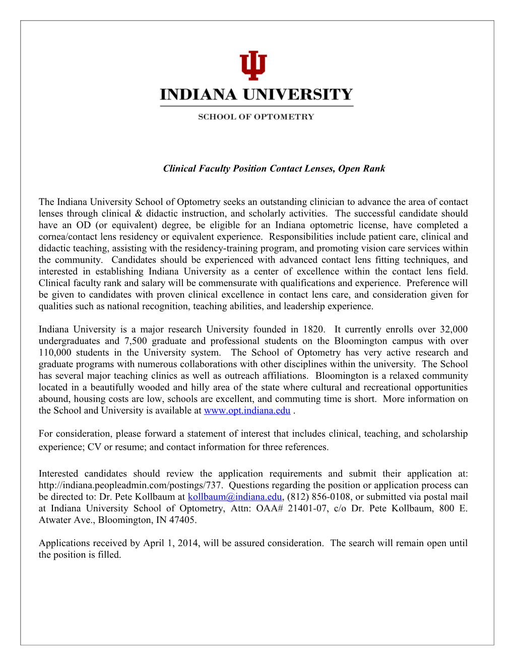 Clinical Faculty Position Contact Lenses, Open Rank