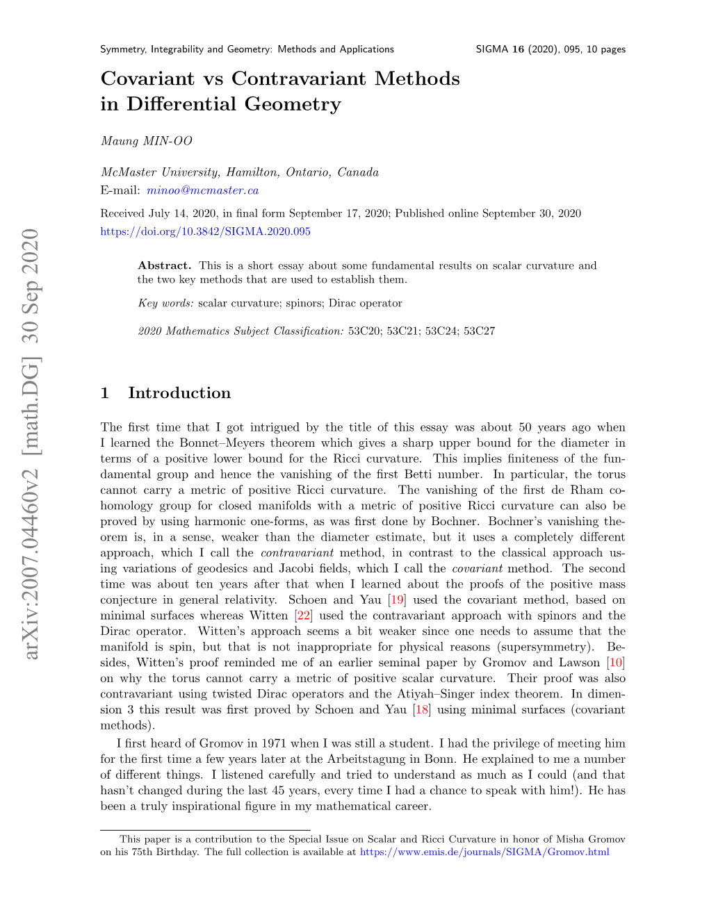 Arxiv:2007.04460V2 [Math.DG] 30 Sep 2020