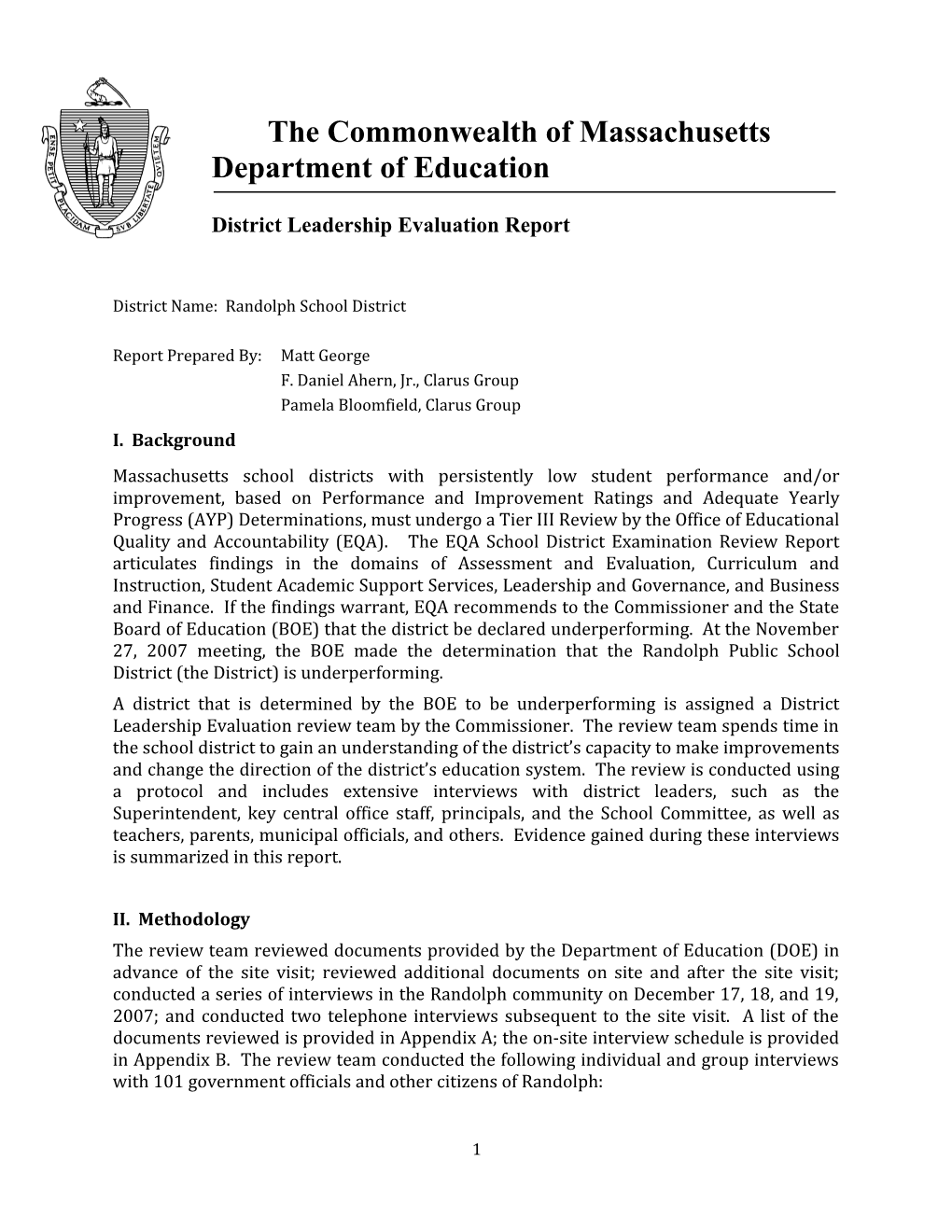 ESE District Leadership Evaluation Report - Randolph