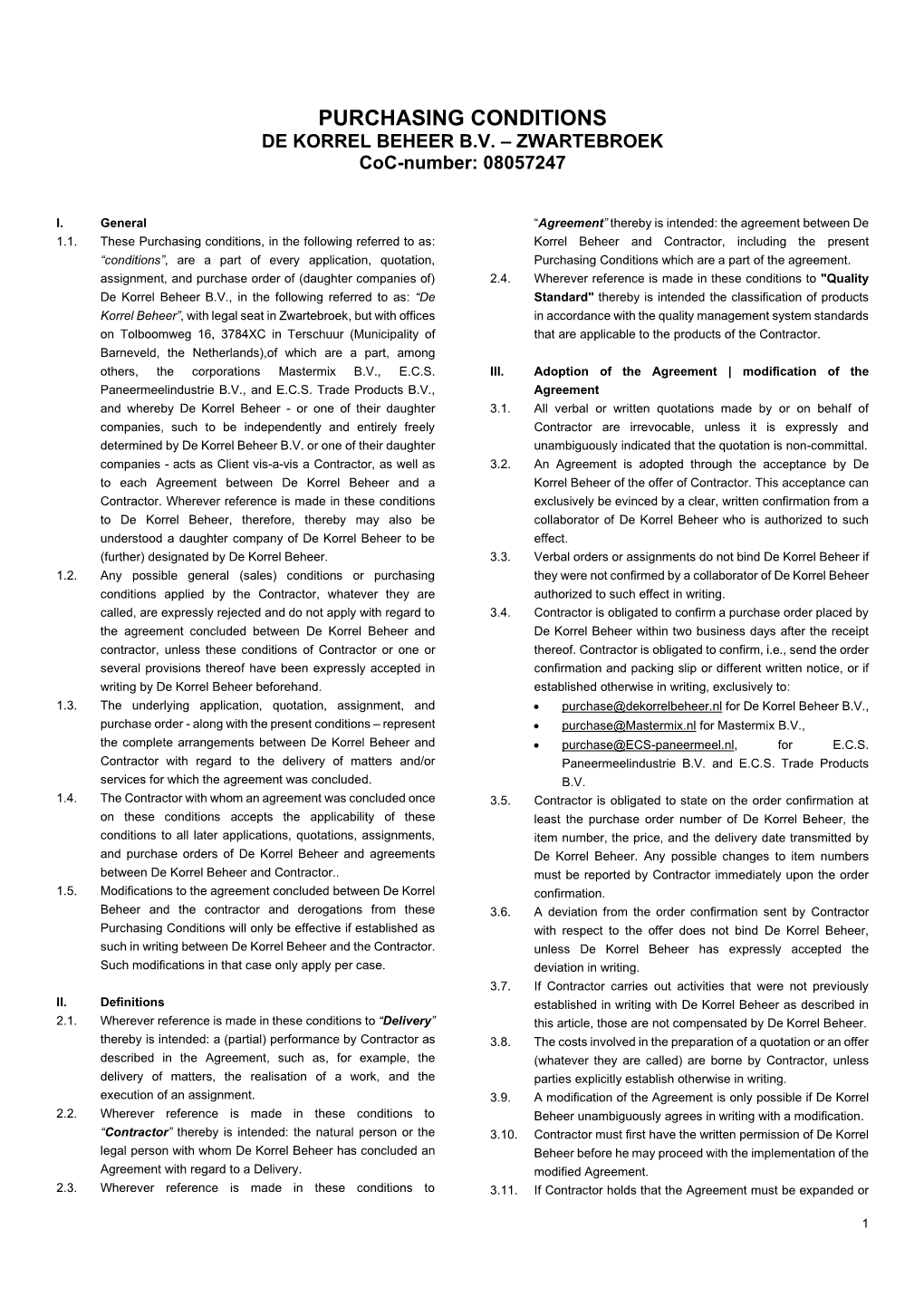 Purchasing Conditions De Korrel Beheer B.V