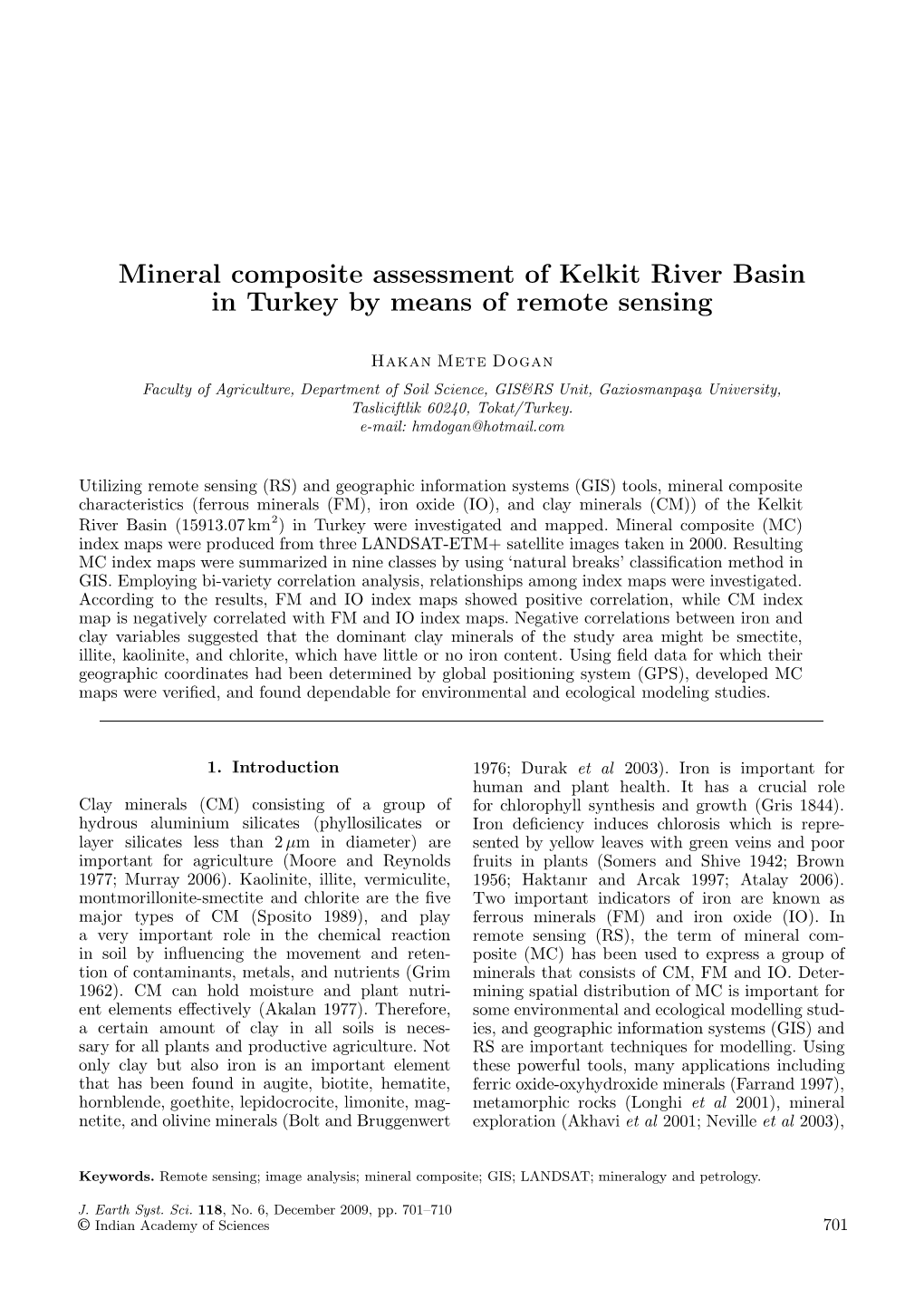 Mineral Composite Assessment of Kelkit River Basin in Turkey by Means of Remote Sensing