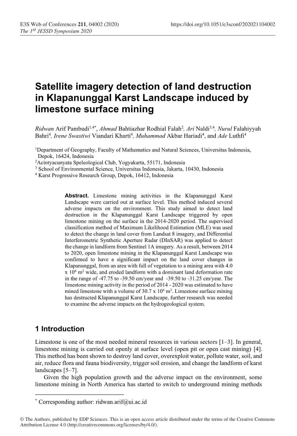 Satellite Imagery Detection of Land Destruction in Klapanunggal Karst Landscape Induced by Limestone Surface Mining
