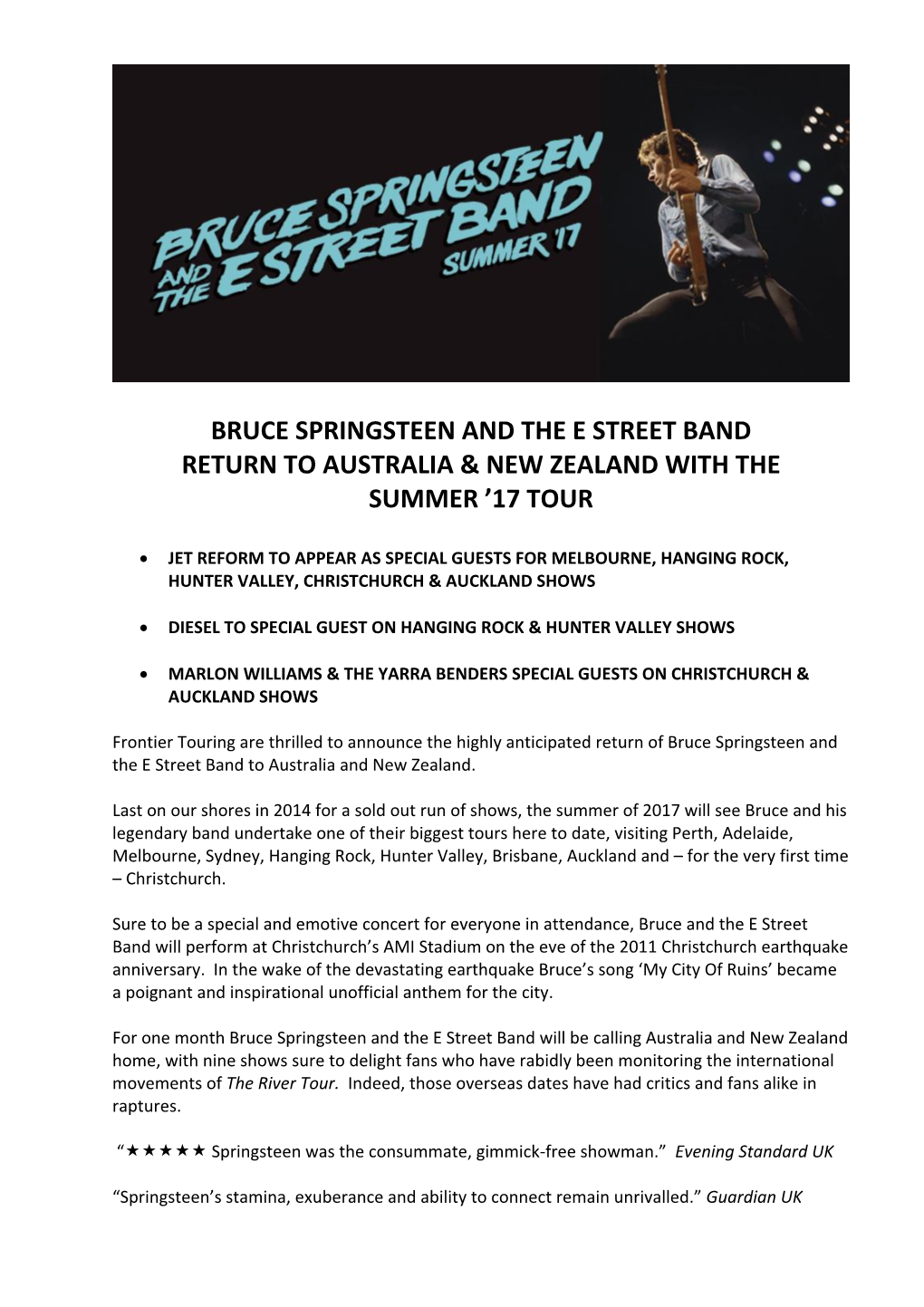 Bruce Springsteen and the E Street Band Return to Australia & New Zealand with the Summer ’17 Tour