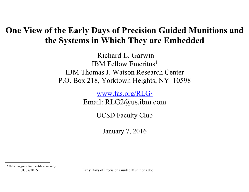 One View of the Early Days of Precision Guided Munitions and the Systems in Which They Are Embedded