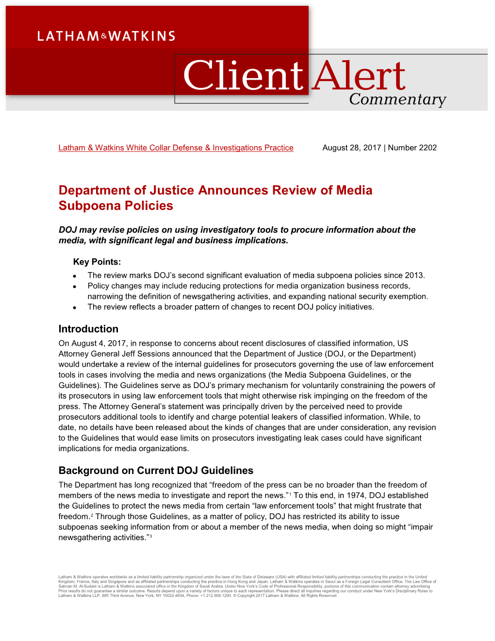 Department of Justice Announces Review of Media Subpoena Policies