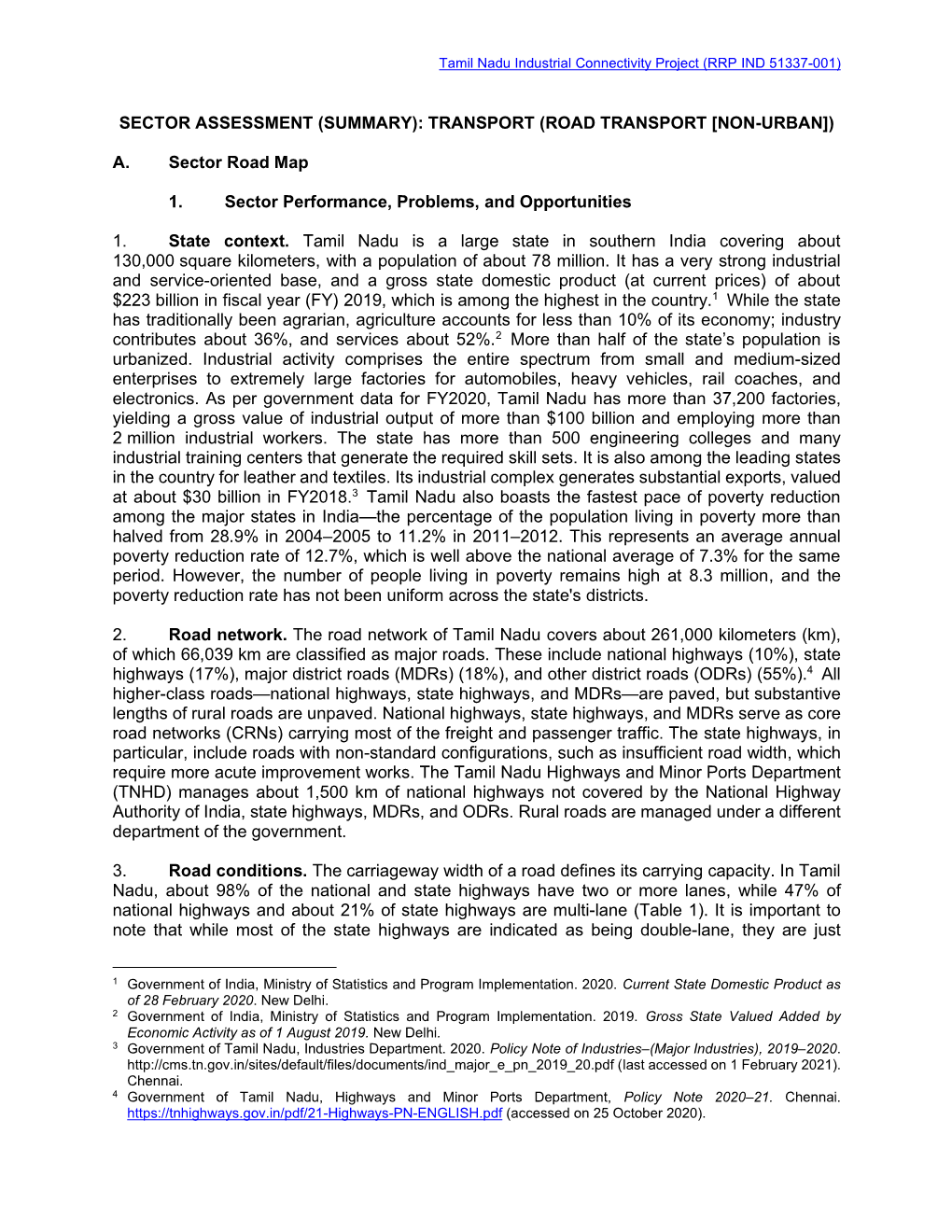 Tamil Nadu Industrial Connectivity Project: Summary Sector Assessment