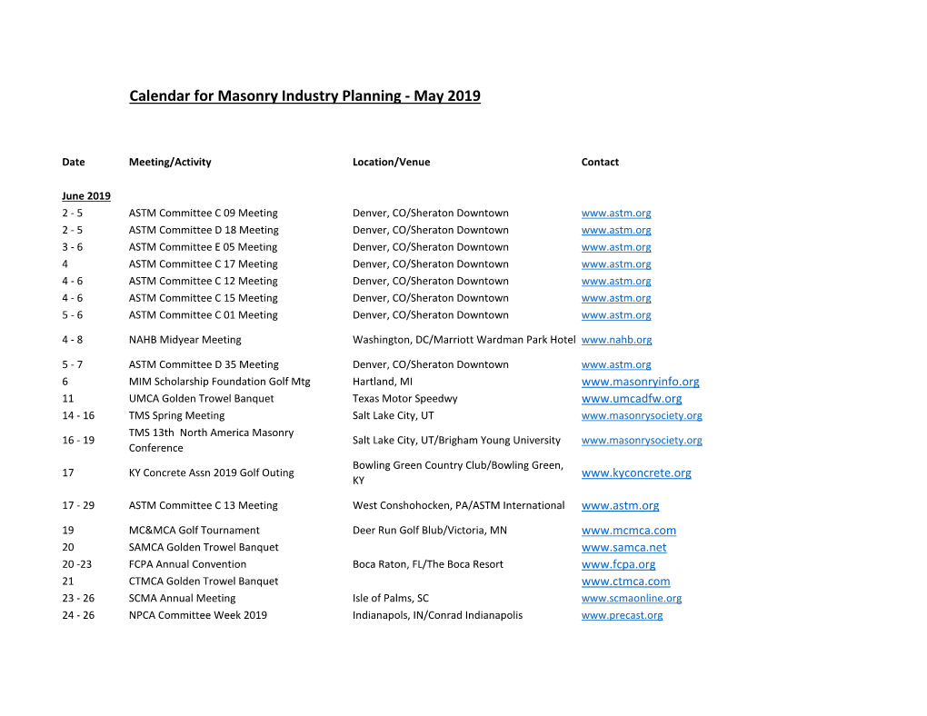 Calendar for Masonry Industry Planning - May 2019