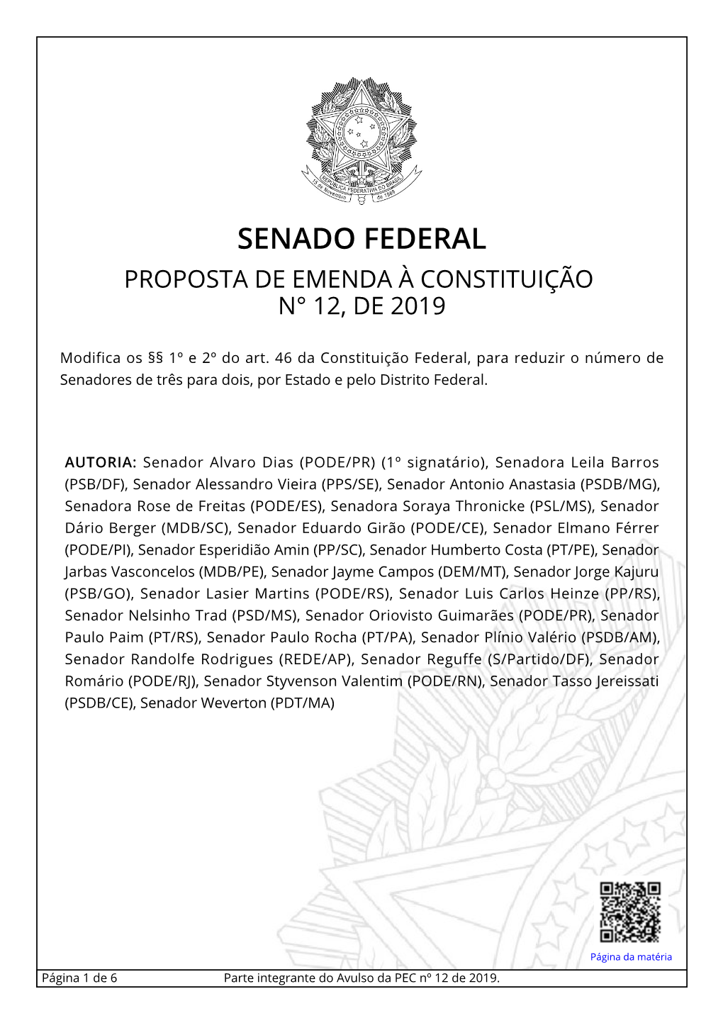 Senado Federal Proposta De Emenda À Constituição N° 12, De 2019