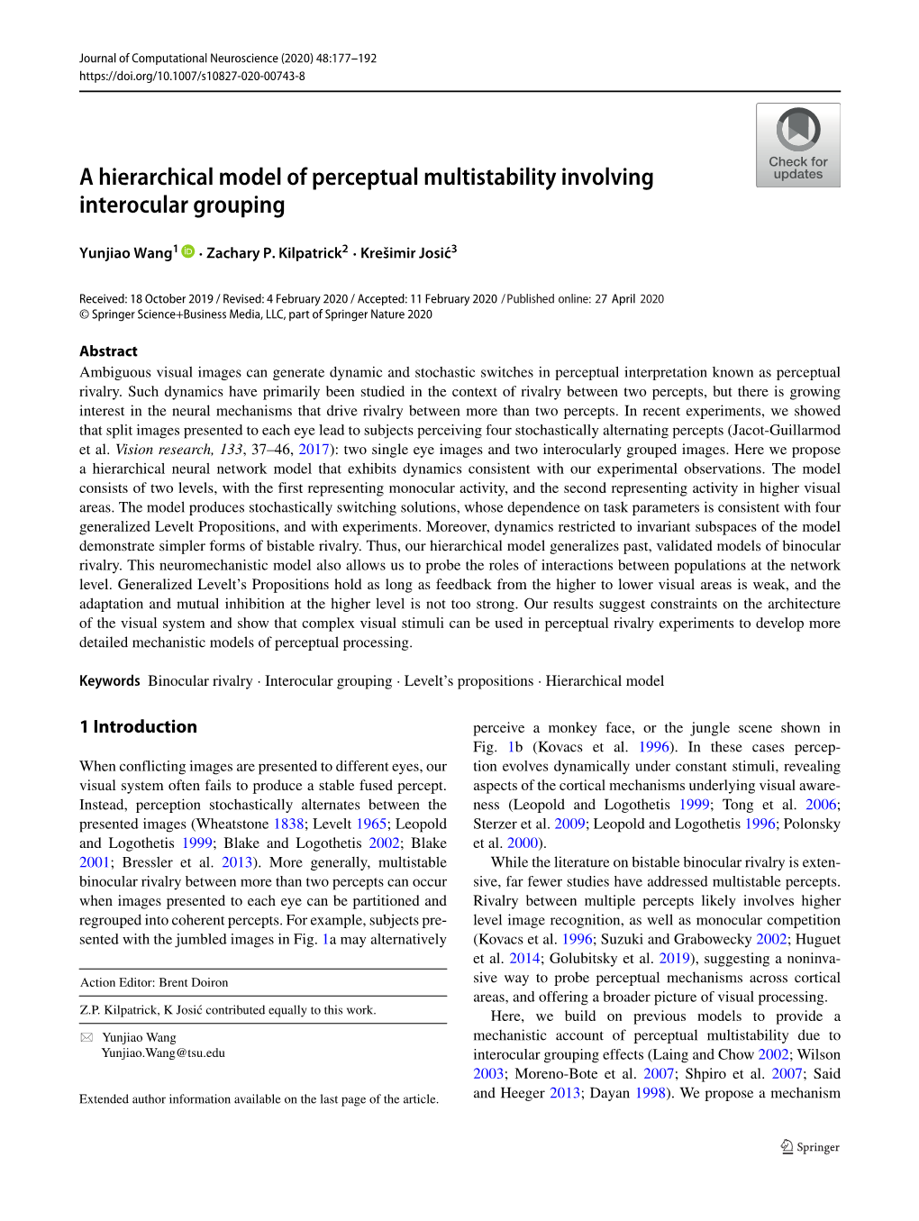 A Hierarchical Model of Perceptual Multistability Involving Interocular Grouping
