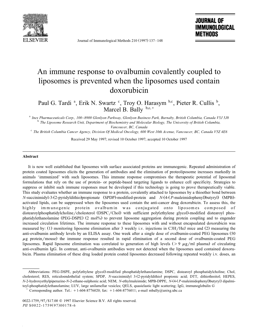 An Immune Response to Ovalbumin Covalently Coupled to Liposomes Is Prevented When the Liposomes Used Contain Doxorubicin Paul G