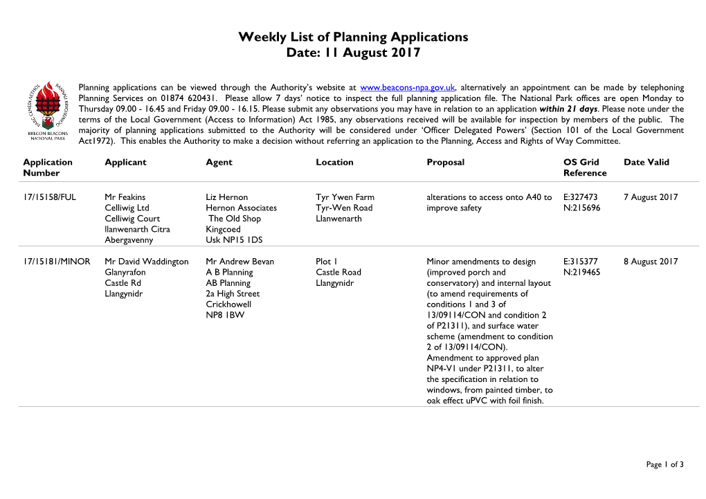 Weekly List of Planning Applications Date: 11 August 2017