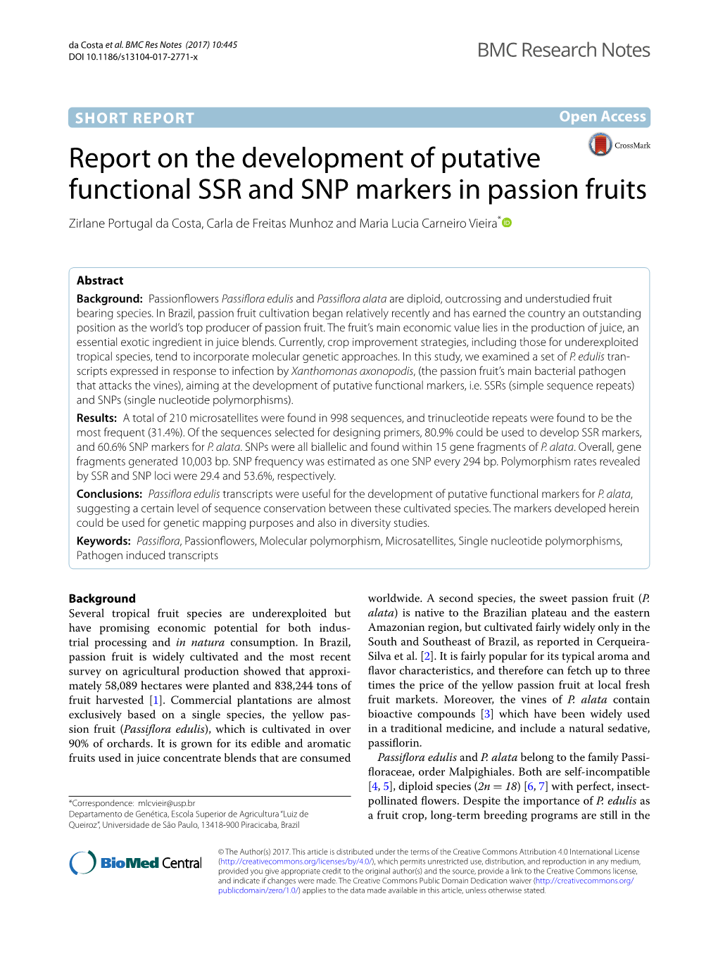 Report on the Development of Putative Functional SSR and SNP Markers in Passion Fruits