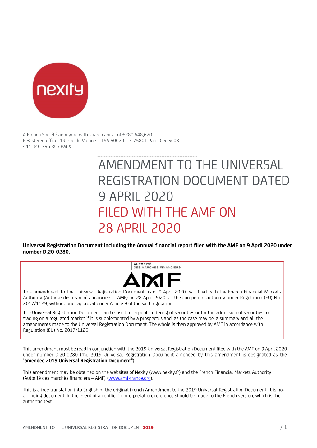 Amendment to the Universal Registration Document Dated 9 April 2020 Filed with the Amf on 28 April 2020
