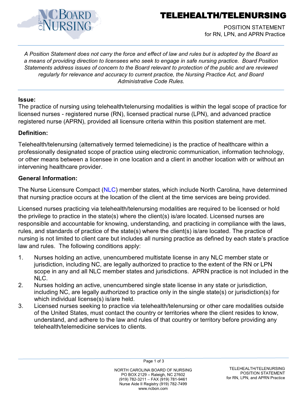 Telehealth/Telenursing Position Statement