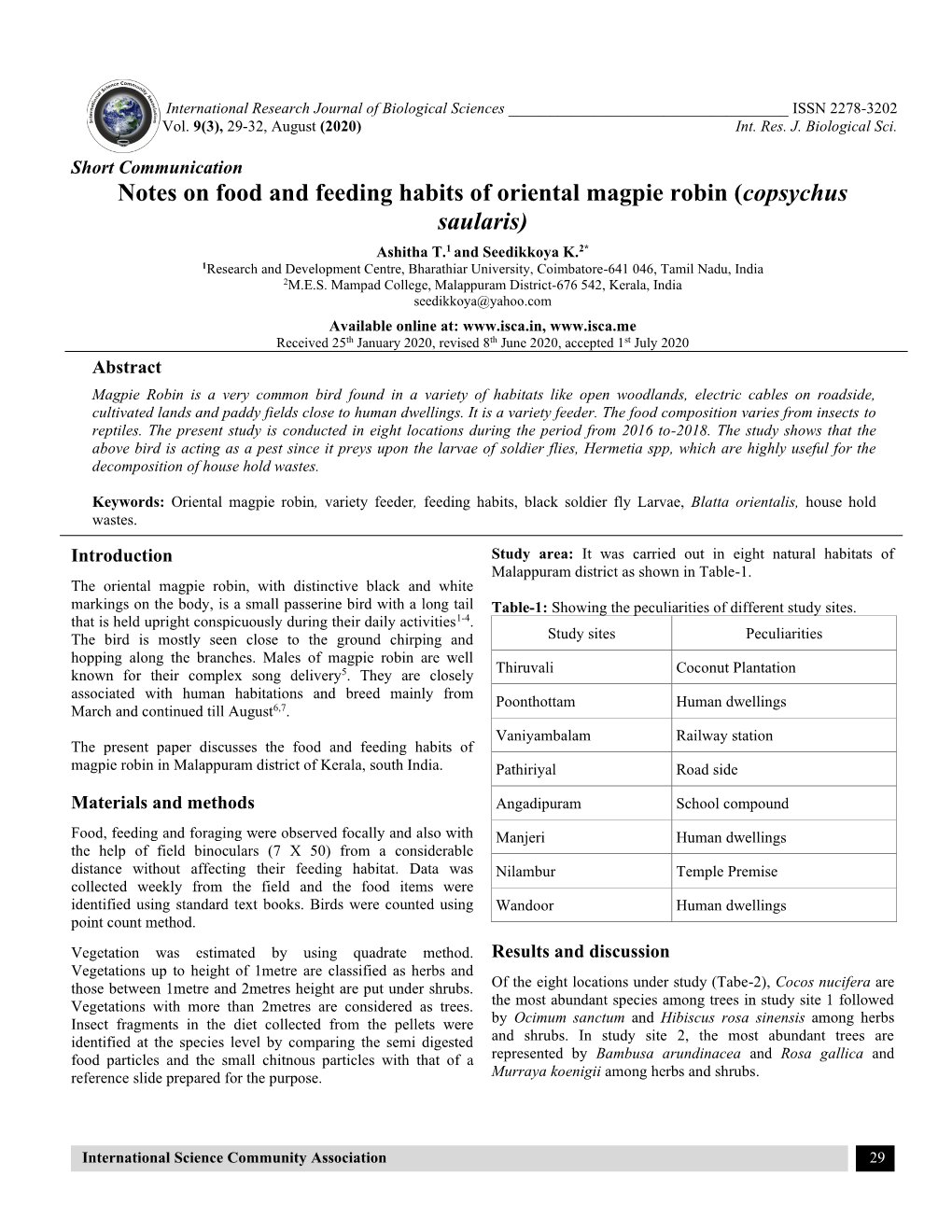 Notes on Food and Feeding Habits of Oriental Magpie Robin (Copsychus Saularis)