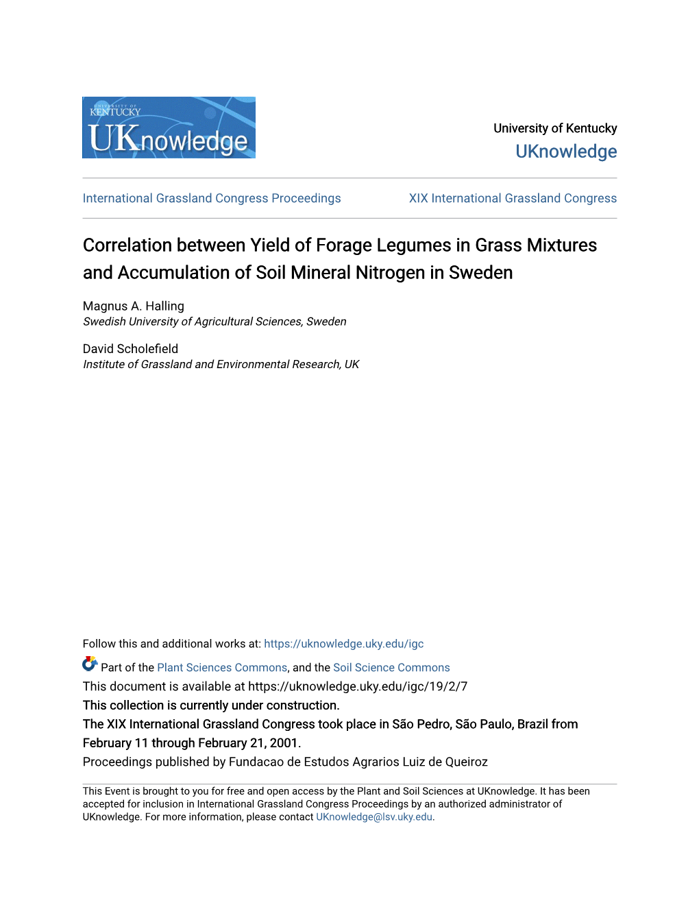 Correlation Between Yield of Forage Legumes in Grass Mixtures and Accumulation of Soil Mineral Nitrogen in Sweden