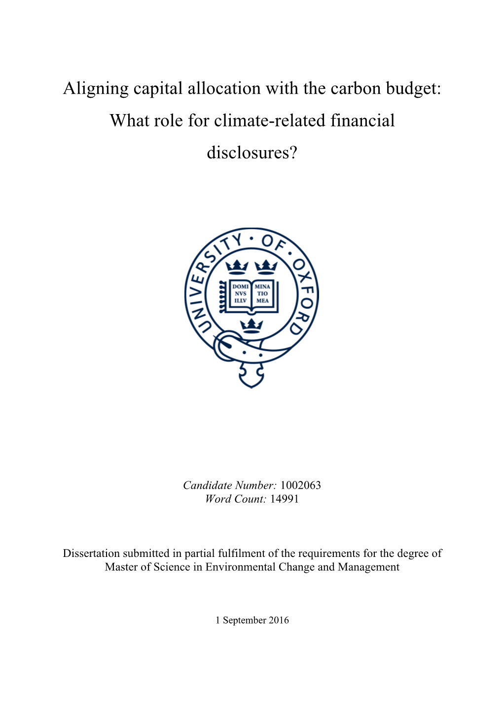 Aligning Capital Allocation with the Carbon Budget: What Role for Climate-Related Financial Disclosures?