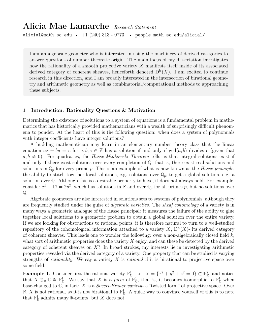 Alicia Mae Lamarche Research Statement Alicial@Math.Sc.Edu · +1 (240) 313 - 0773 · People.Math.Sc.Edu/Alicial