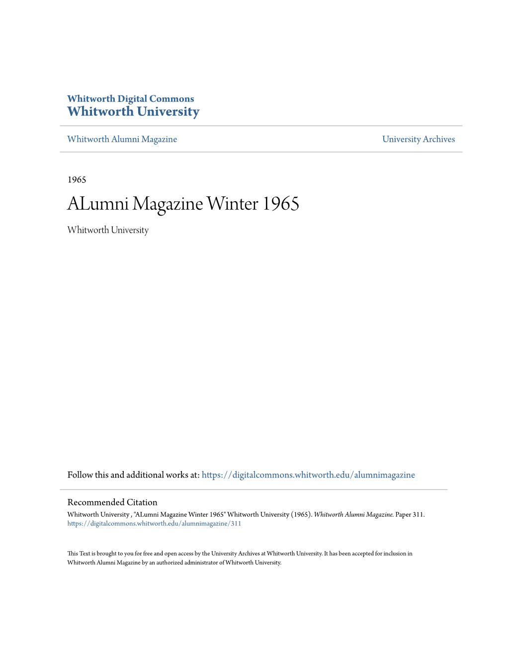 Alumni Magazine Winter 1965 Whitworth University