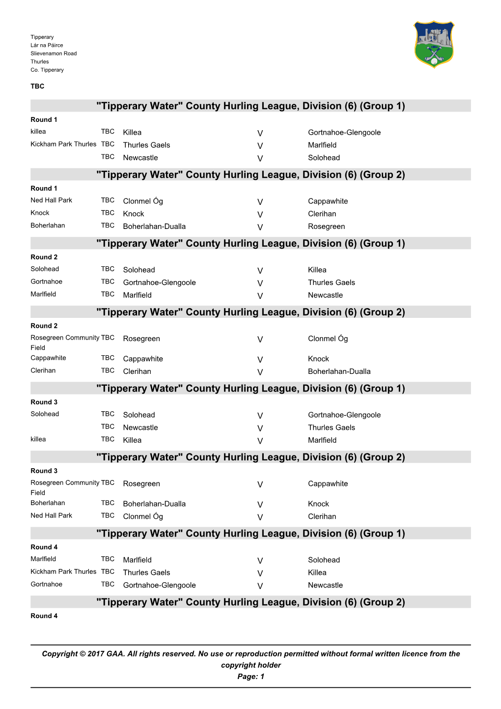 Tipperary Water County Hurling League Div 6 2017