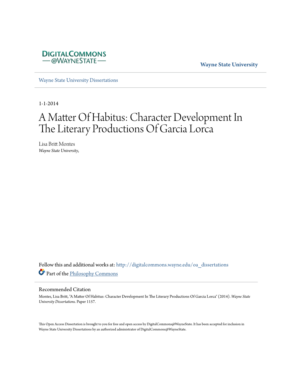 Character Development in the Literary Productions of Garcia Lorca Lisa Britt Onm Tes Wayne State University