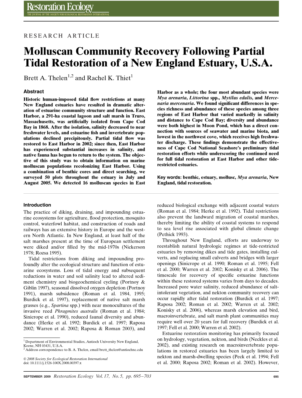 Molluscan Community Recovery Following Partial Tidal Restoration of a New England Estuary, U.S.A